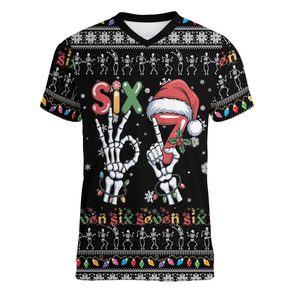 Six Seven Funny Skeleton Fingers Christmas Women V-Neck T-Shirt Creepy Santa Skeleton Hands - Wonder Print Shop