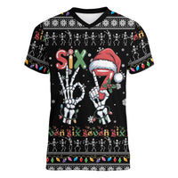 Six Seven Funny Skeleton Fingers Christmas Women V-Neck T-Shirt Creepy Santa Skeleton Hands - Wonder Print Shop