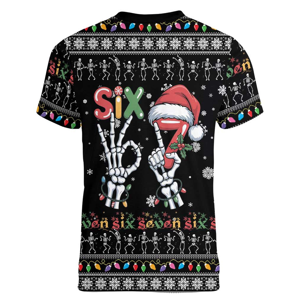 Six Seven Funny Skeleton Fingers Christmas Women V-Neck T-Shirt Creepy Santa Skeleton Hands - Wonder Print Shop