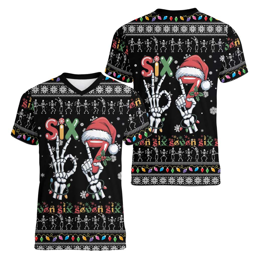 Six Seven Funny Skeleton Fingers Christmas Women V-Neck T-Shirt Creepy Santa Skeleton Hands - Wonder Print Shop