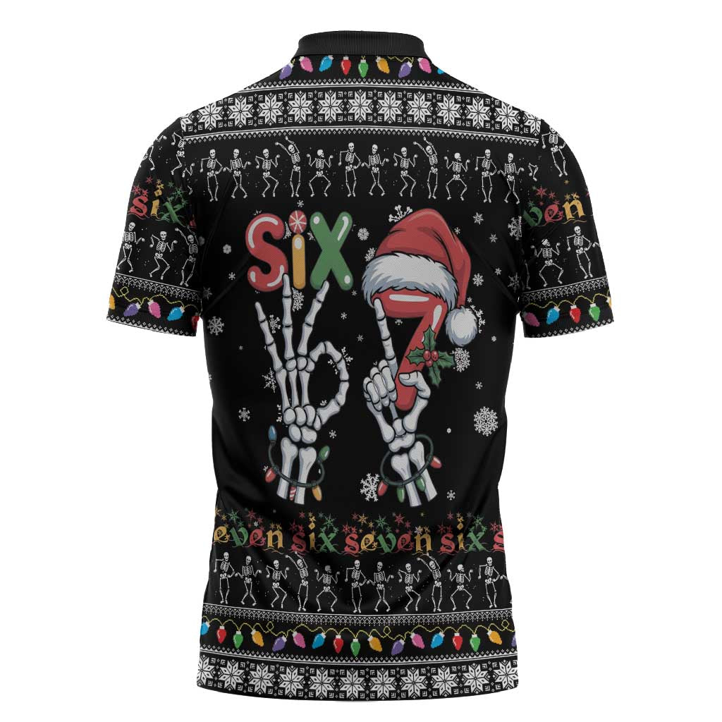 Six Seven Funny Skeleton Fingers Christmas Zipper Polo Shirt Creepy Santa Skeleton Hands - Wonder Print Shop
