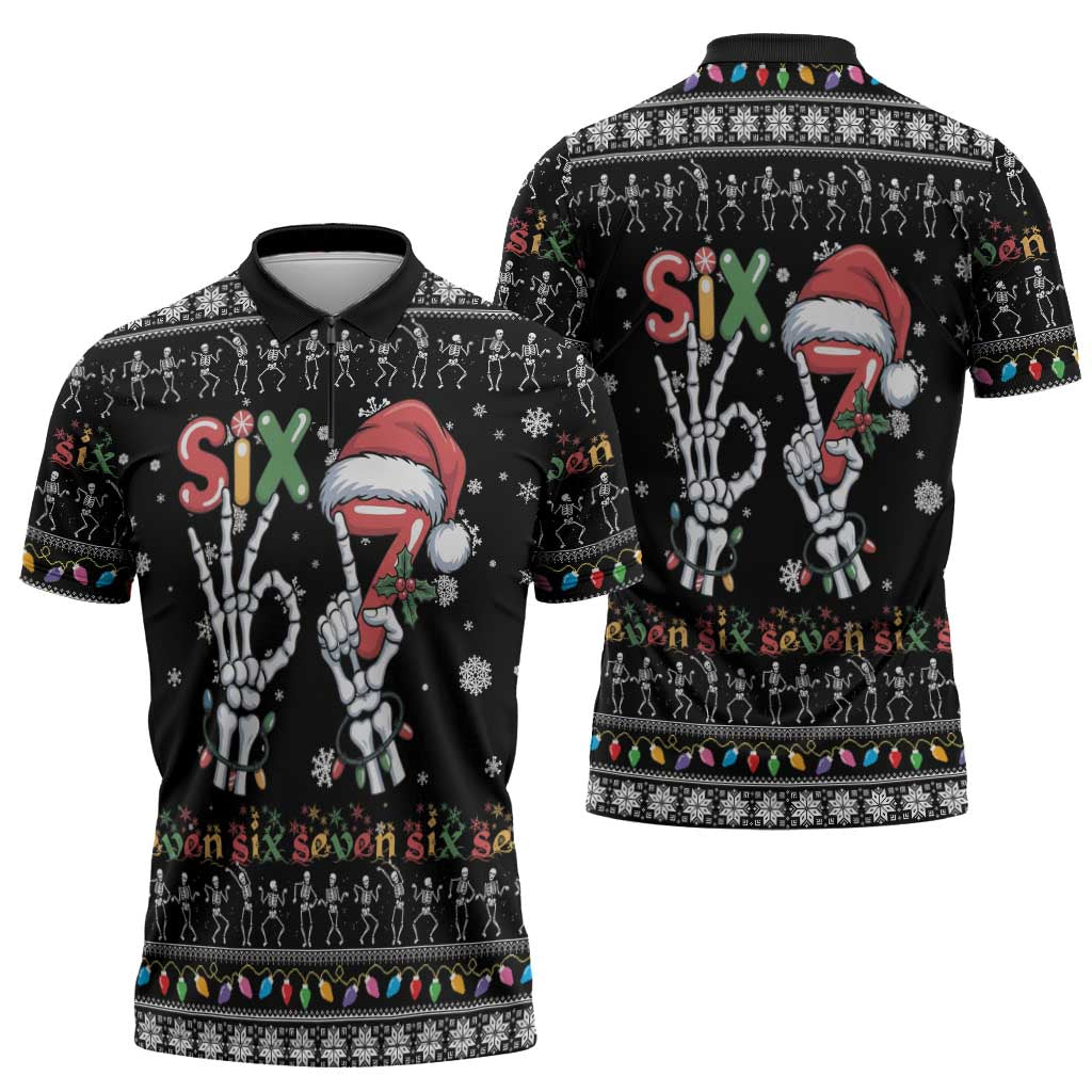 Six Seven Funny Skeleton Fingers Christmas Zipper Polo Shirt Creepy Santa Skeleton Hands - Wonder Print Shop
