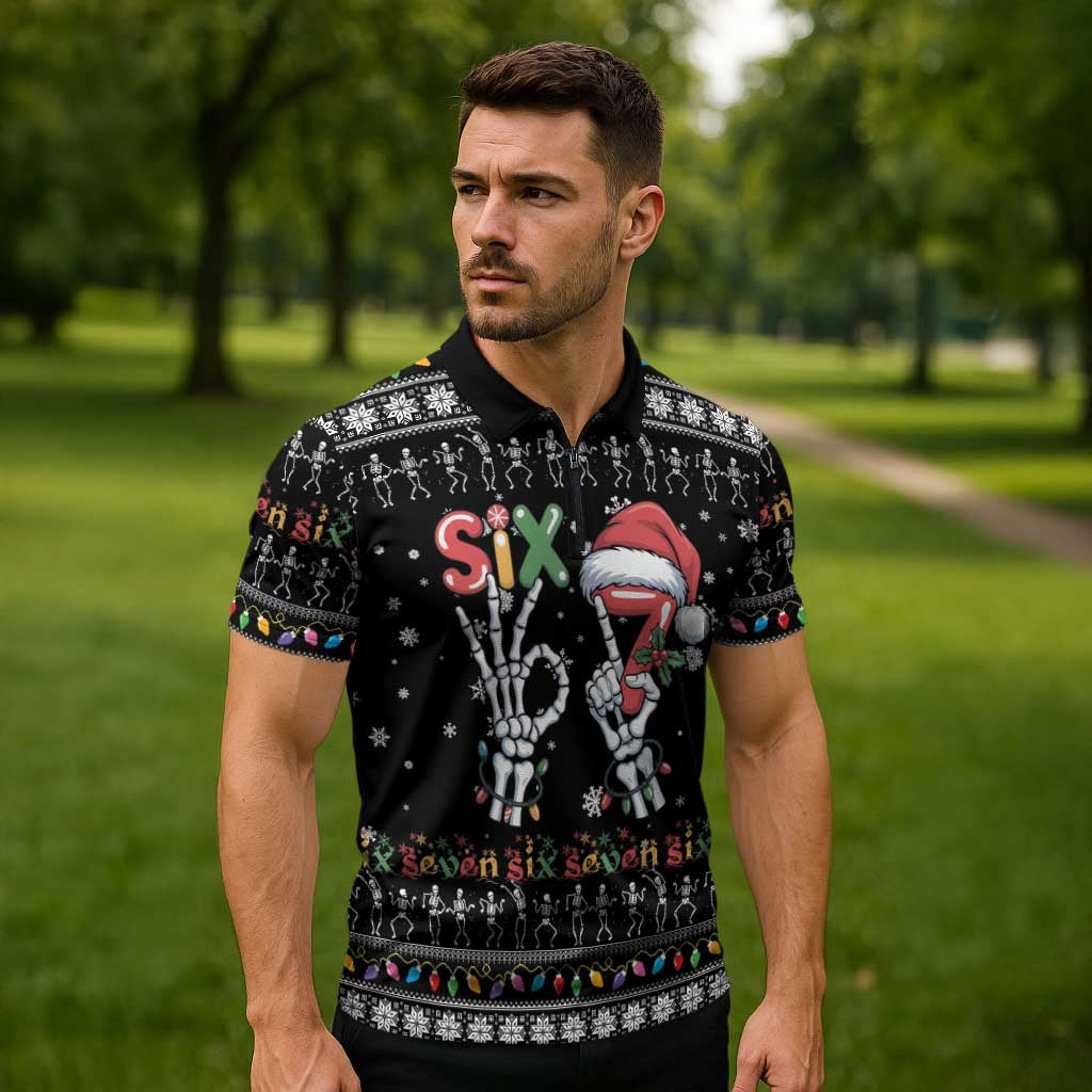 Six Seven Funny Skeleton Fingers Christmas Zipper Polo Shirt Creepy Santa Skeleton Hands - Wonder Print Shop