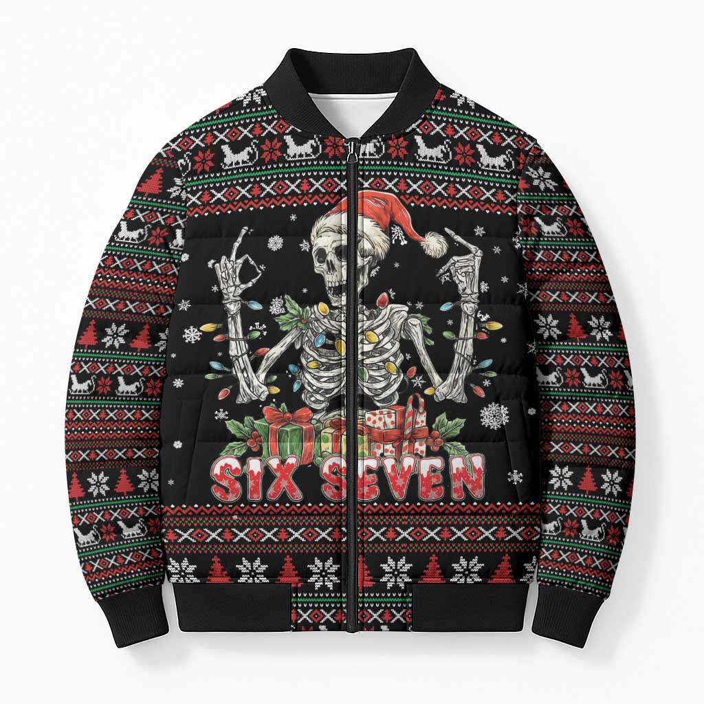 Six Seven Santa Skeleton Bomber Puffer Jacket Funny Christmas Skull - Wonder Print Shop