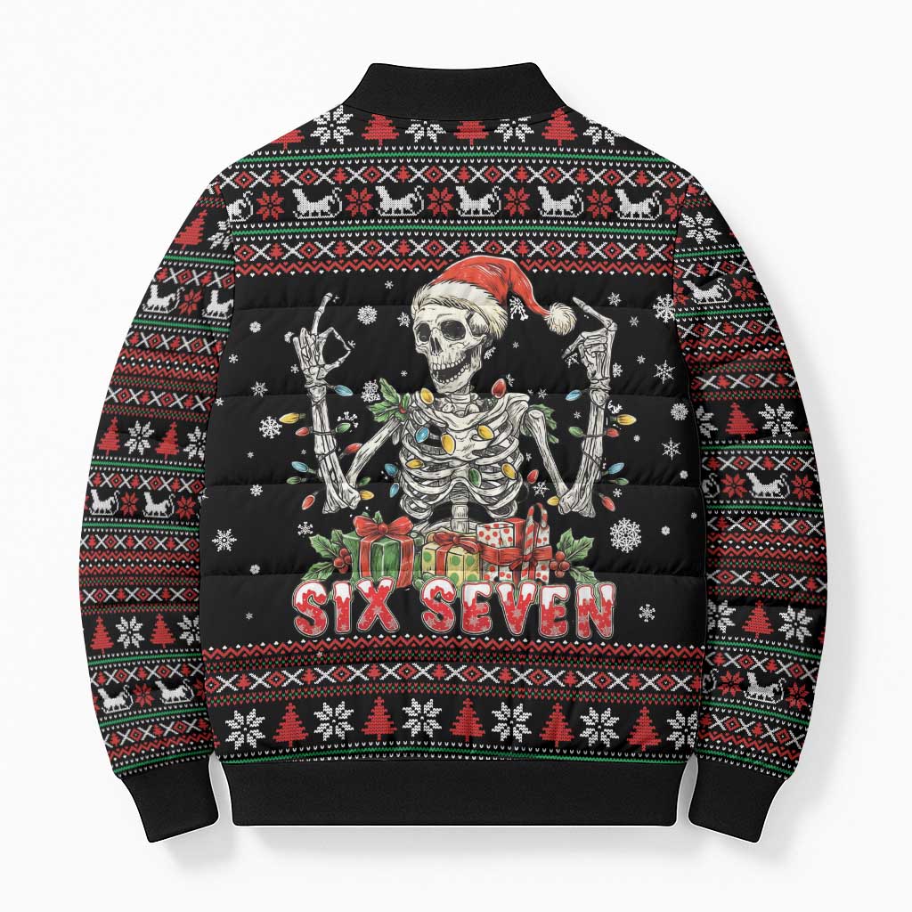Six Seven Santa Skeleton Bomber Puffer Jacket Funny Christmas Skull - Wonder Print Shop