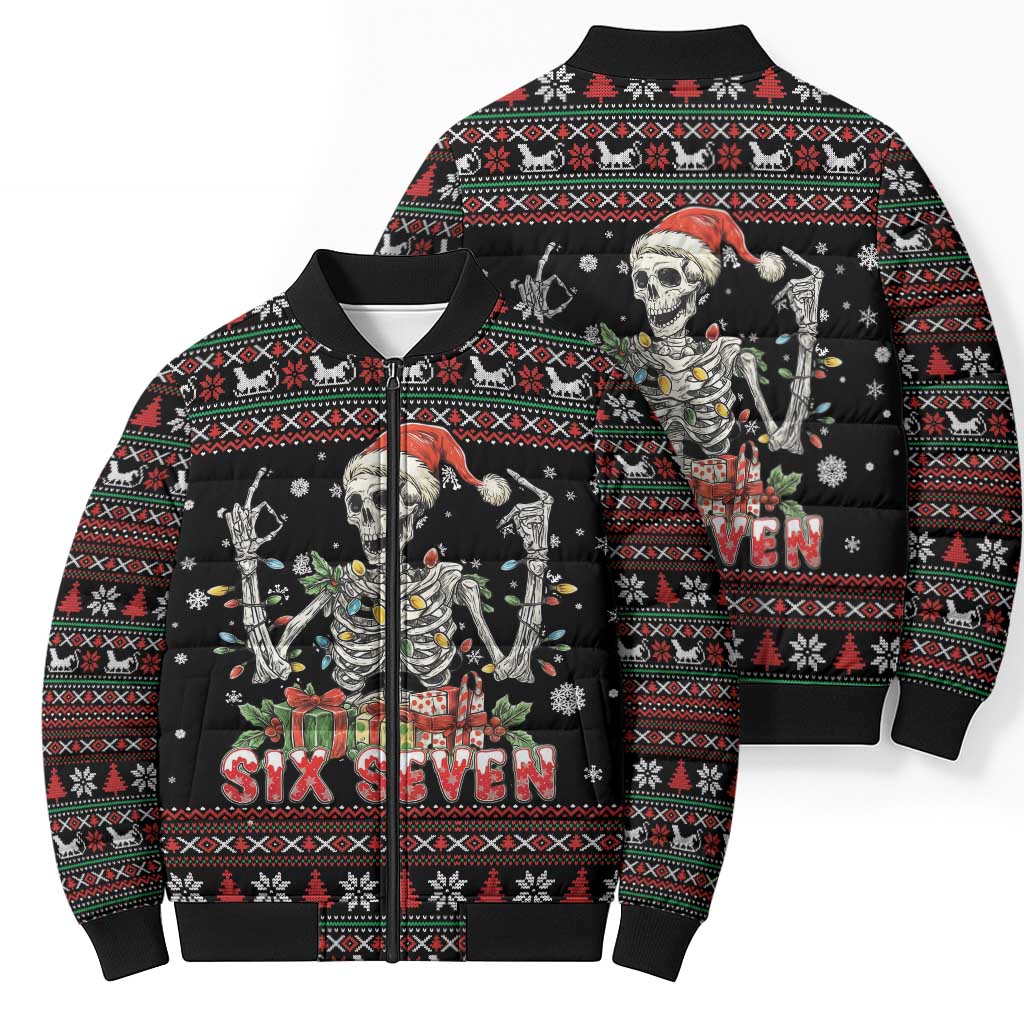 Six Seven Santa Skeleton Bomber Puffer Jacket Funny Christmas Skull - Wonder Print Shop