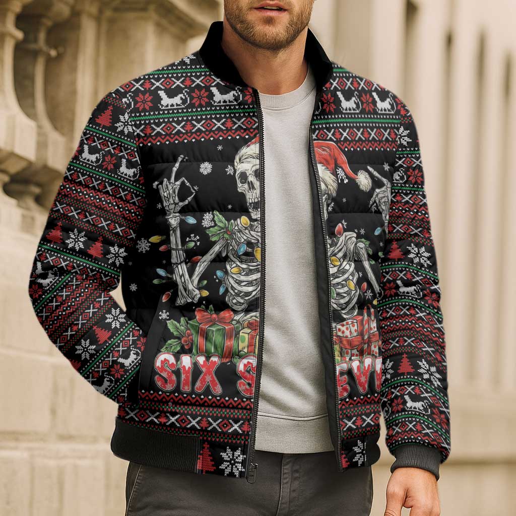 Six Seven Santa Skeleton Bomber Puffer Jacket Funny Christmas Skull - Wonder Print Shop