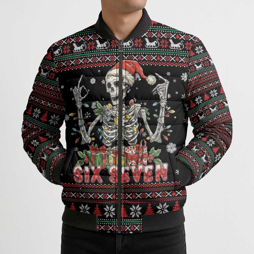 Six Seven Santa Skeleton Bomber Puffer Jacket Funny Christmas Skull - Wonder Print Shop