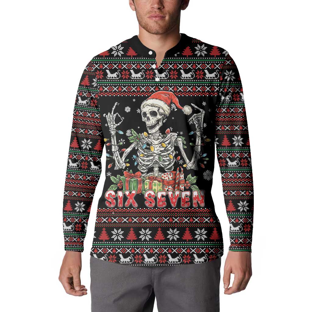 Six Seven Santa Skeleton Button Sweatshirt Funny Christmas Skull - Wonder Print Shop