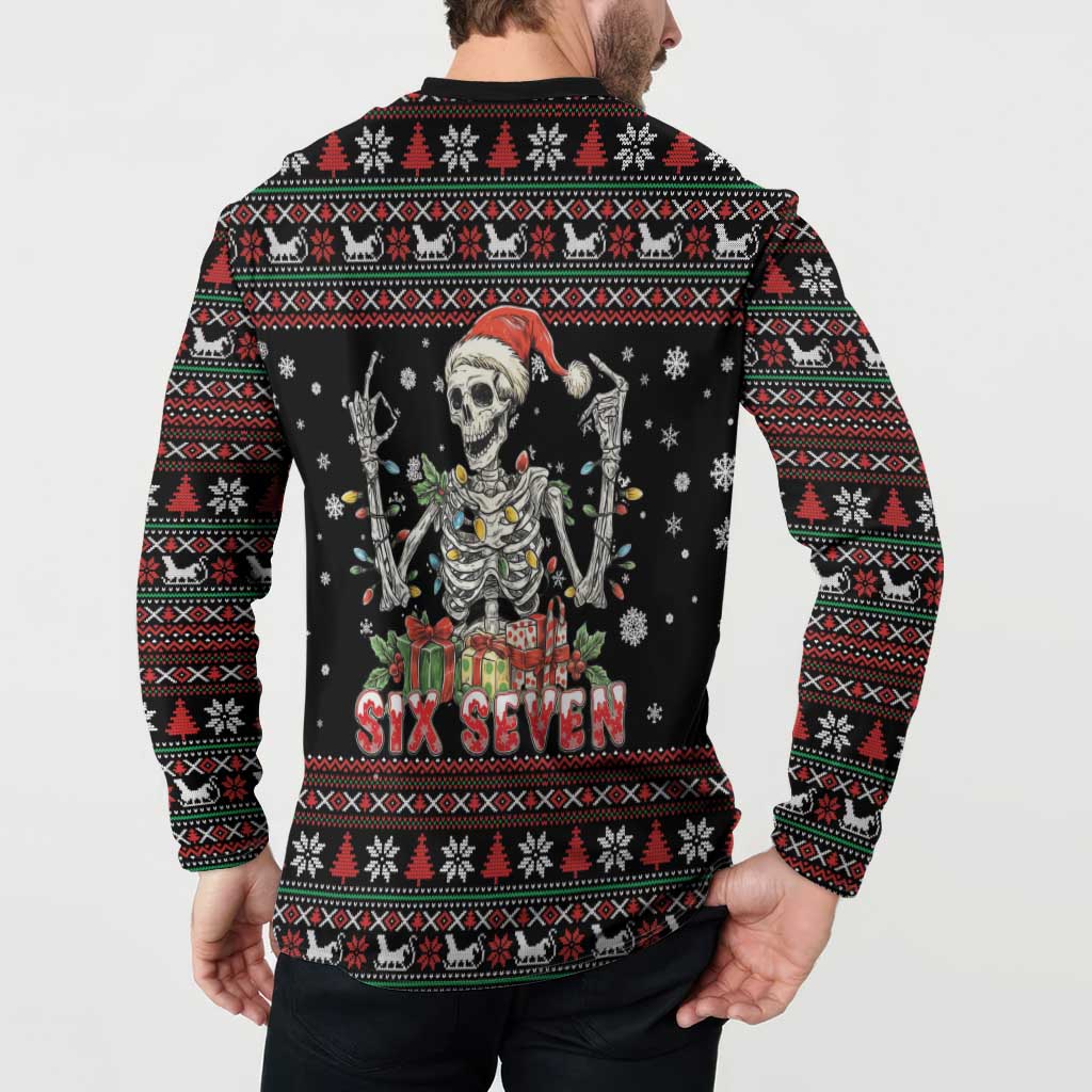 Six Seven Santa Skeleton Button Sweatshirt Funny Christmas Skull - Wonder Print Shop
