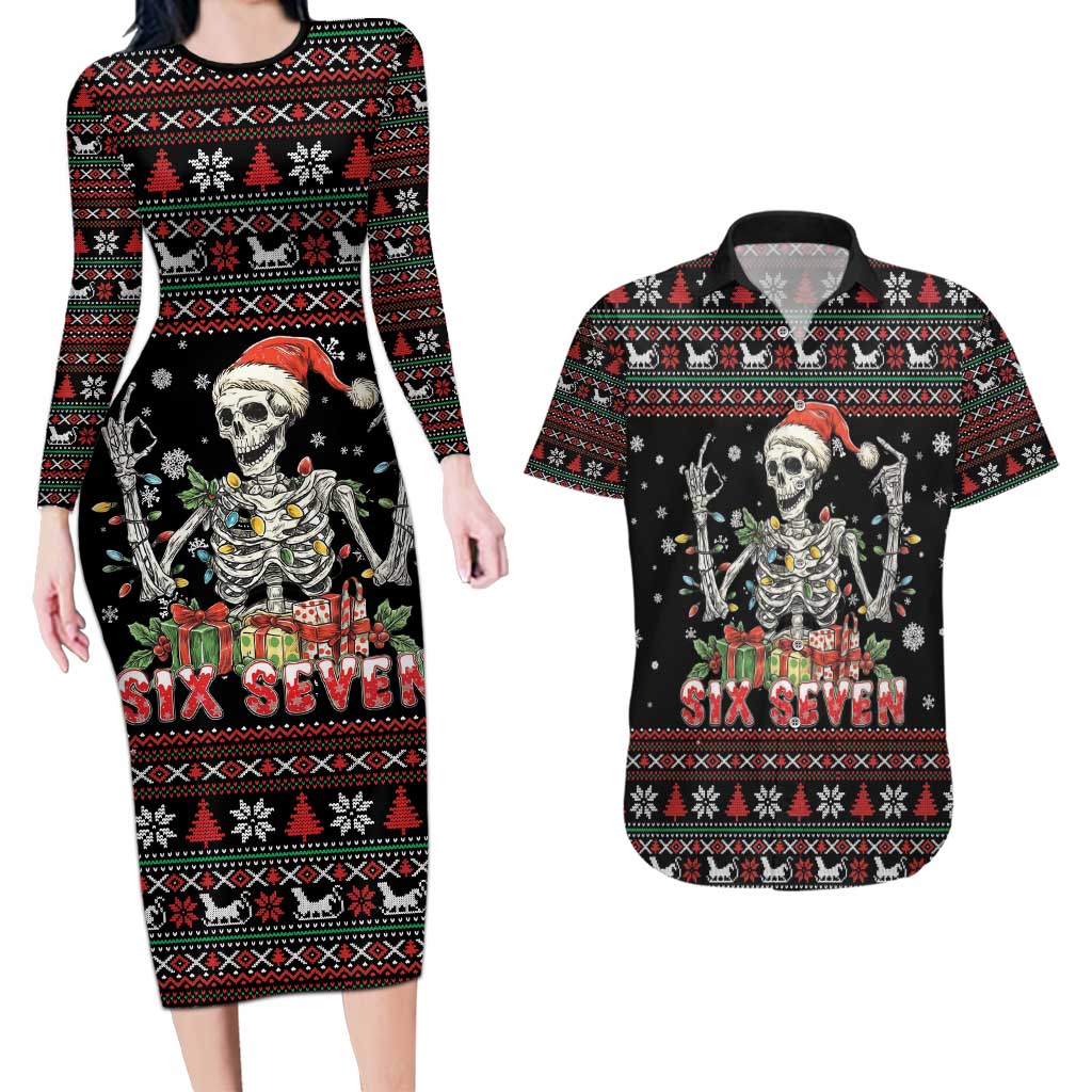 Six Seven Santa Skeleton Couples Matching Long Sleeve Bodycon Dress and Hawaiian Shirt Funny Christmas Skull - Wonder Print Shop