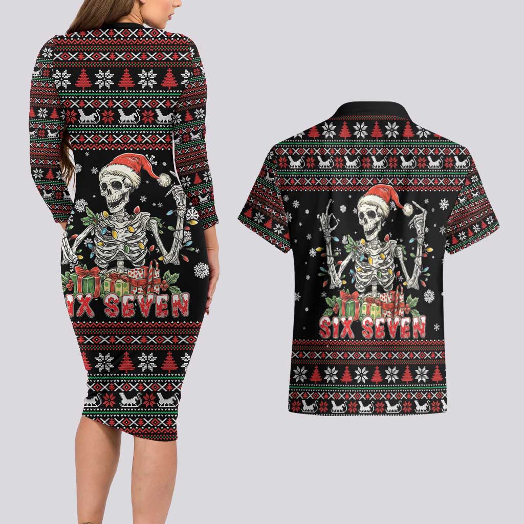 Six Seven Santa Skeleton Couples Matching Long Sleeve Bodycon Dress and Hawaiian Shirt Funny Christmas Skull - Wonder Print Shop