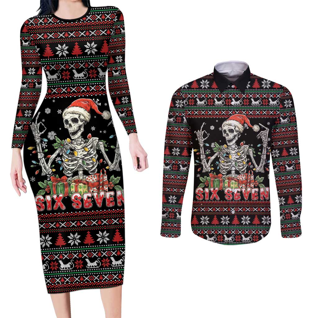 Six Seven Santa Skeleton Couples Matching Long Sleeve Bodycon Dress and Long Sleeve Button Shirt Funny Christmas Skull - Wonder Print Shop