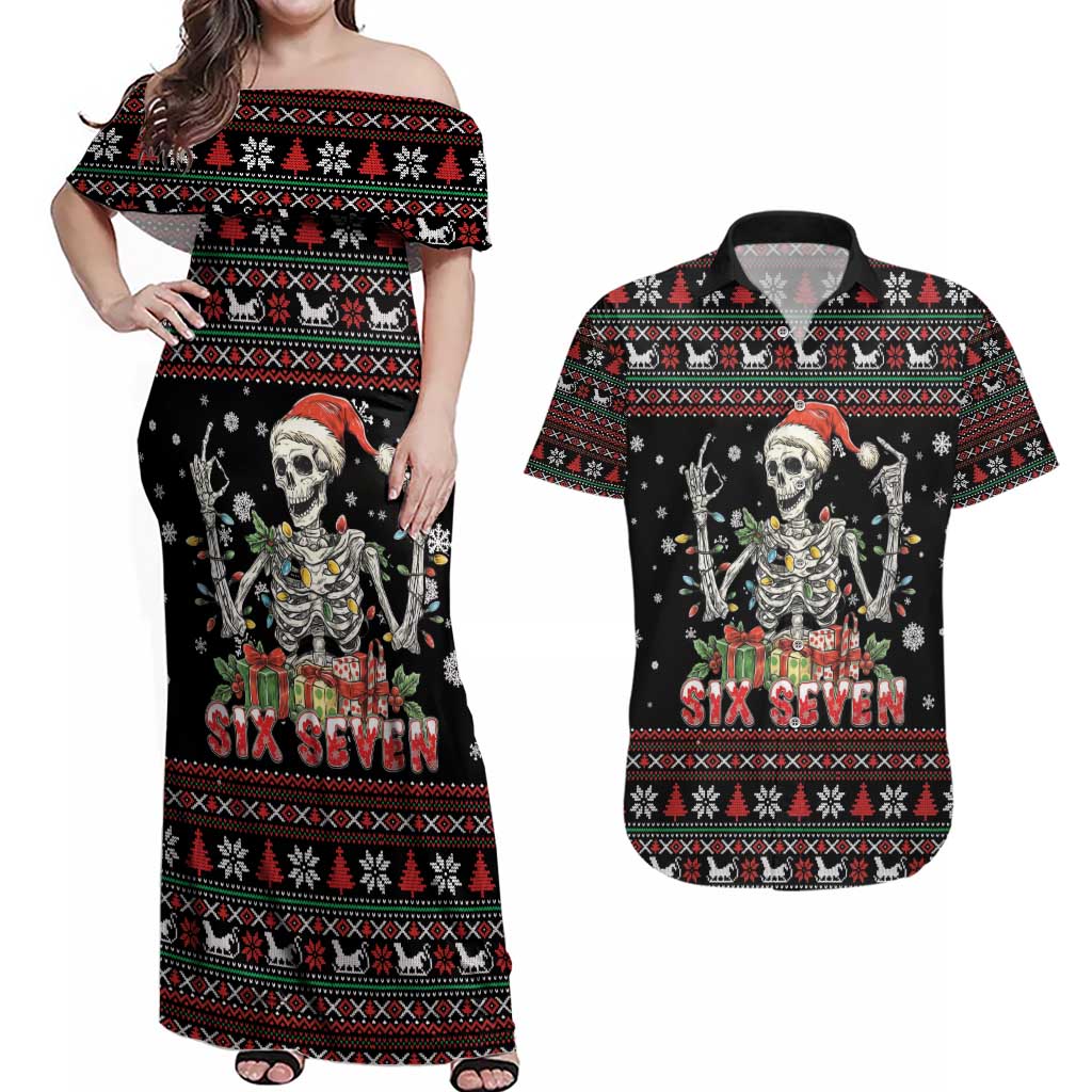 Six Seven Santa Skeleton Couples Matching Off Shoulder Maxi Dress and Hawaiian Shirt Funny Christmas Skull - Wonder Print Shop