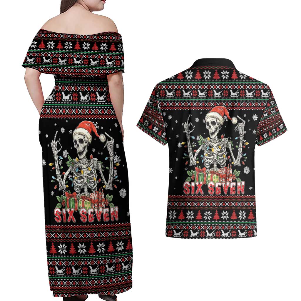 Six Seven Santa Skeleton Couples Matching Off Shoulder Maxi Dress and Hawaiian Shirt Funny Christmas Skull - Wonder Print Shop
