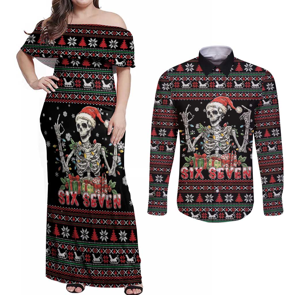 Six Seven Santa Skeleton Couples Matching Off Shoulder Maxi Dress and Long Sleeve Button Shirt Funny Christmas Skull - Wonder Print Shop