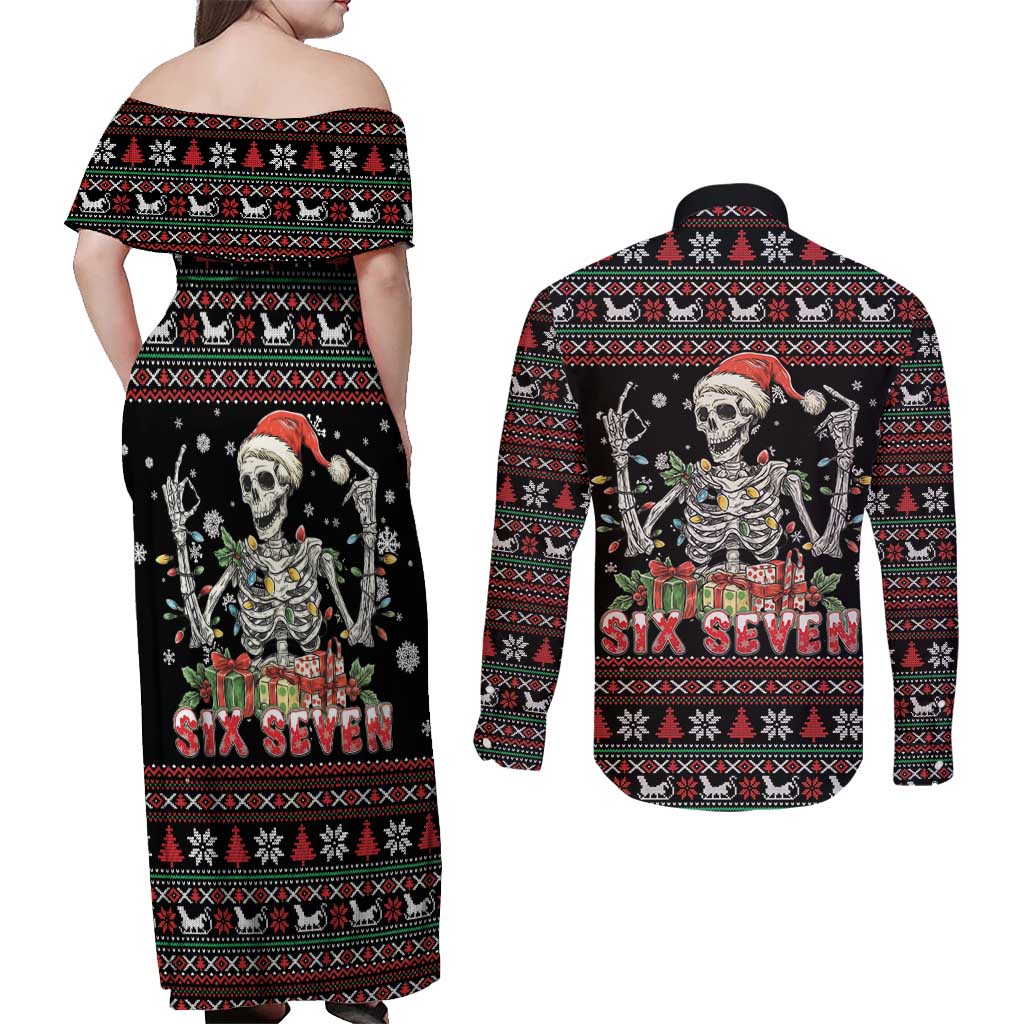 Six Seven Santa Skeleton Couples Matching Off Shoulder Maxi Dress and Long Sleeve Button Shirt Funny Christmas Skull - Wonder Print Shop