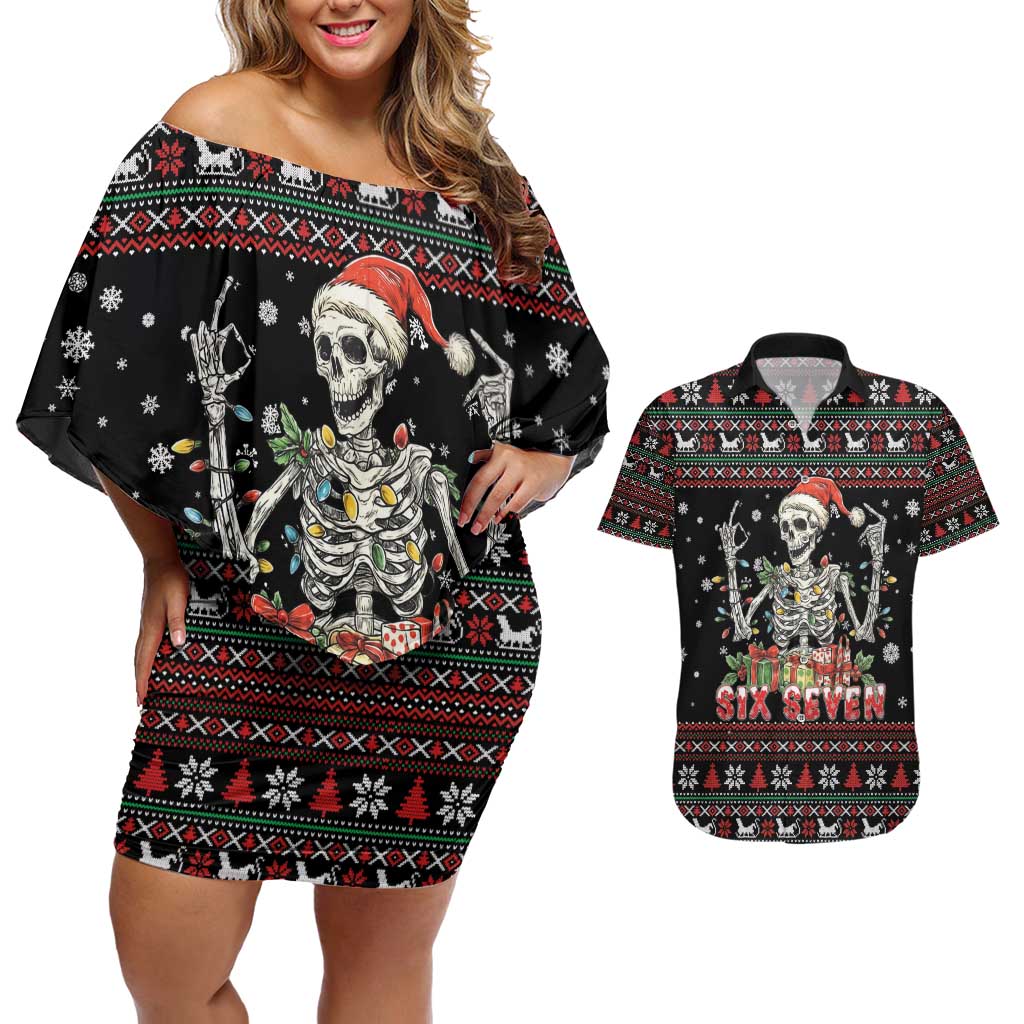 Six Seven Santa Skeleton Couples Matching Off Shoulder Short Dress and Hawaiian Shirt Funny Christmas Skull - Wonder Print Shop