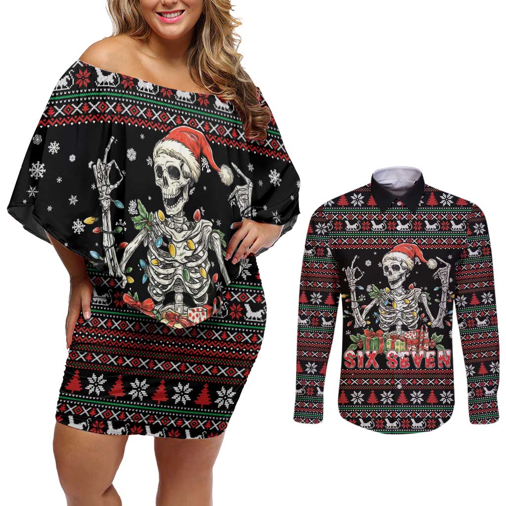 Six Seven Santa Skeleton Couples Matching Off Shoulder Short Dress and Long Sleeve Button Shirt Funny Christmas Skull - Wonder Print Shop