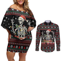 Six Seven Santa Skeleton Couples Matching Off Shoulder Short Dress and Long Sleeve Button Shirt Funny Christmas Skull - Wonder Print Shop