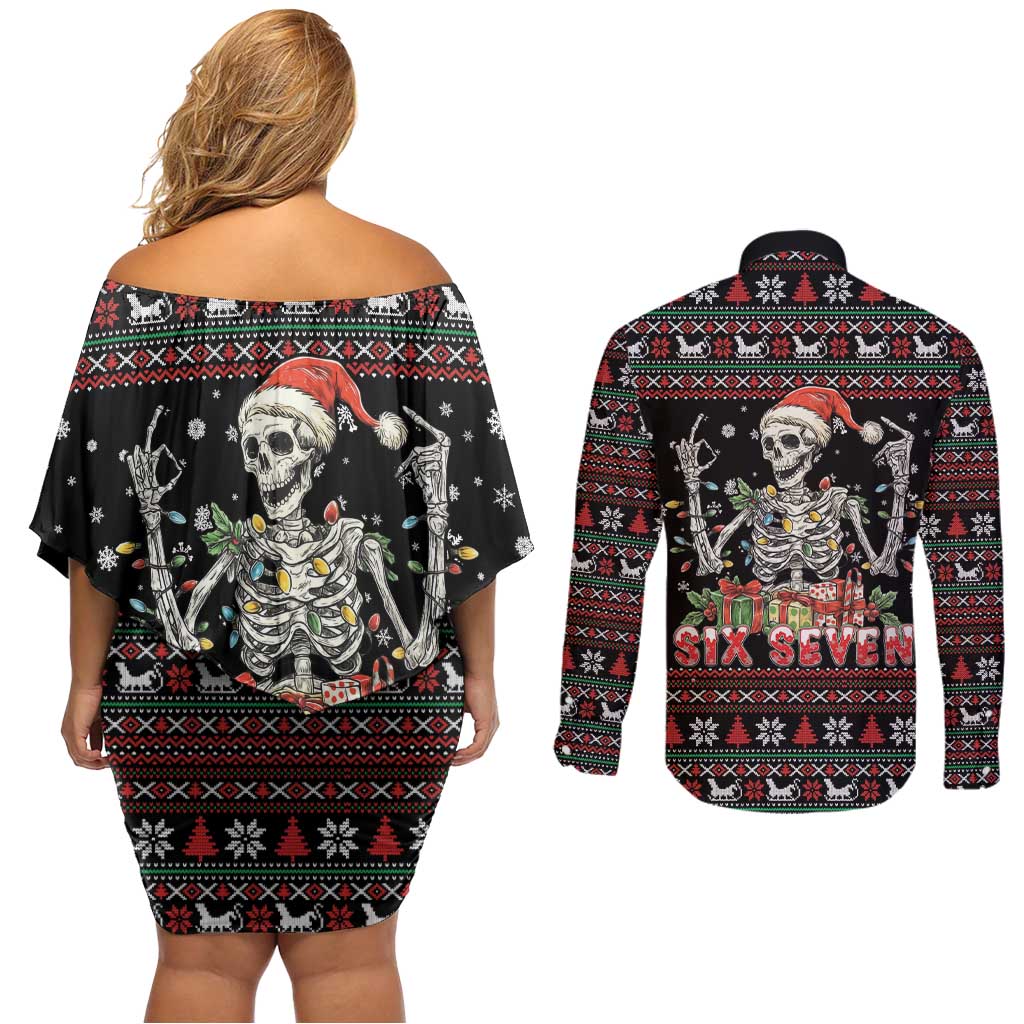 Six Seven Santa Skeleton Couples Matching Off Shoulder Short Dress and Long Sleeve Button Shirt Funny Christmas Skull - Wonder Print Shop