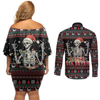 Six Seven Santa Skeleton Couples Matching Off Shoulder Short Dress and Long Sleeve Button Shirt Funny Christmas Skull - Wonder Print Shop