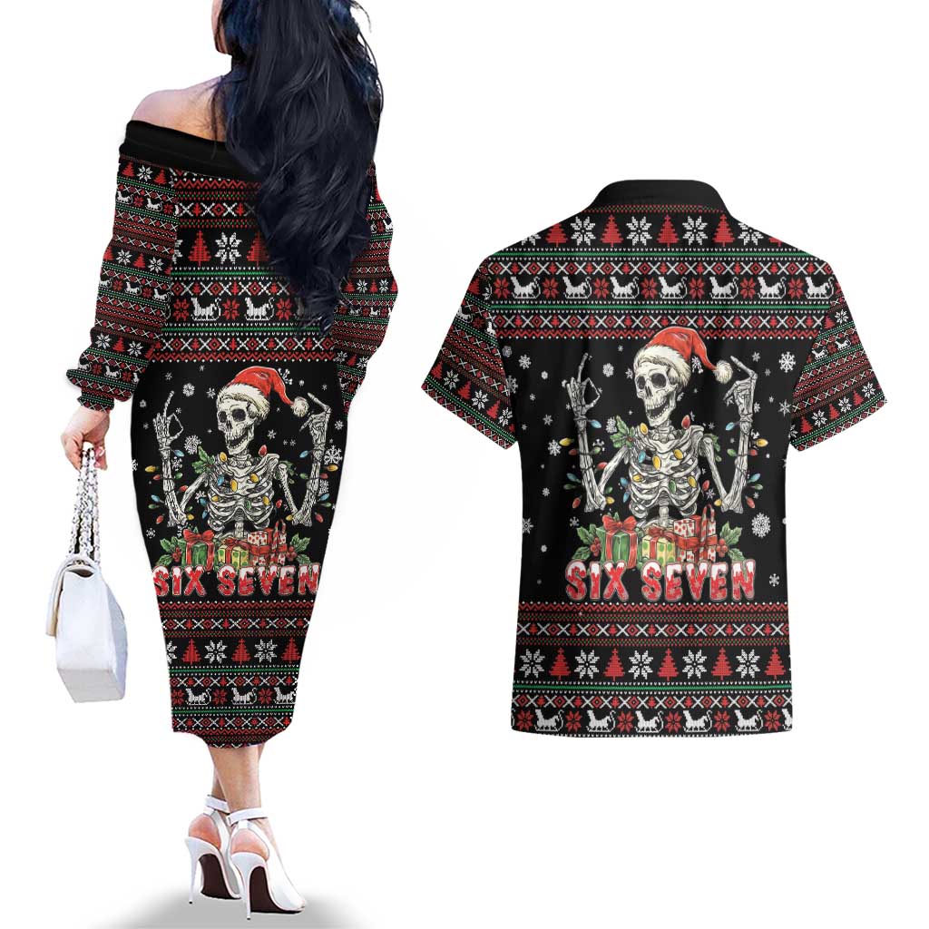 Six Seven Santa Skeleton Couples Matching Off The Shoulder Long Sleeve Dress and Hawaiian Shirt Funny Christmas Skull - Wonder Print Shop