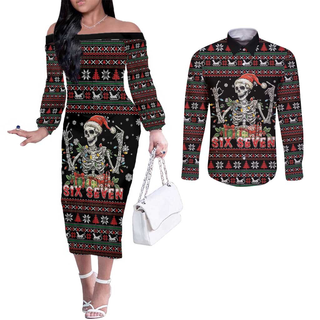 Six Seven Santa Skeleton Couples Matching Off The Shoulder Long Sleeve Dress and Long Sleeve Button Shirt Funny Christmas Skull - Wonder Print Shop