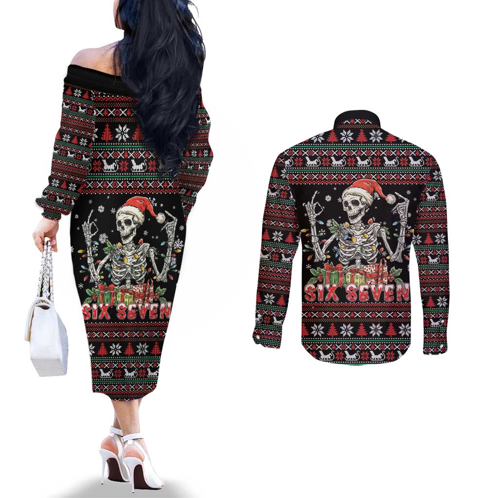 Six Seven Santa Skeleton Couples Matching Off The Shoulder Long Sleeve Dress and Long Sleeve Button Shirt Funny Christmas Skull - Wonder Print Shop