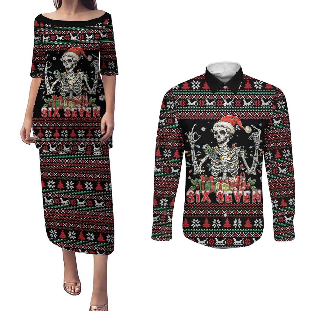 Six Seven Santa Skeleton Couples Matching Puletasi and Long Sleeve Button Shirt Funny Christmas Skull - Wonder Print Shop