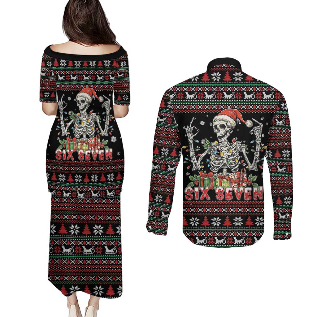 Six Seven Santa Skeleton Couples Matching Puletasi and Long Sleeve Button Shirt Funny Christmas Skull - Wonder Print Shop