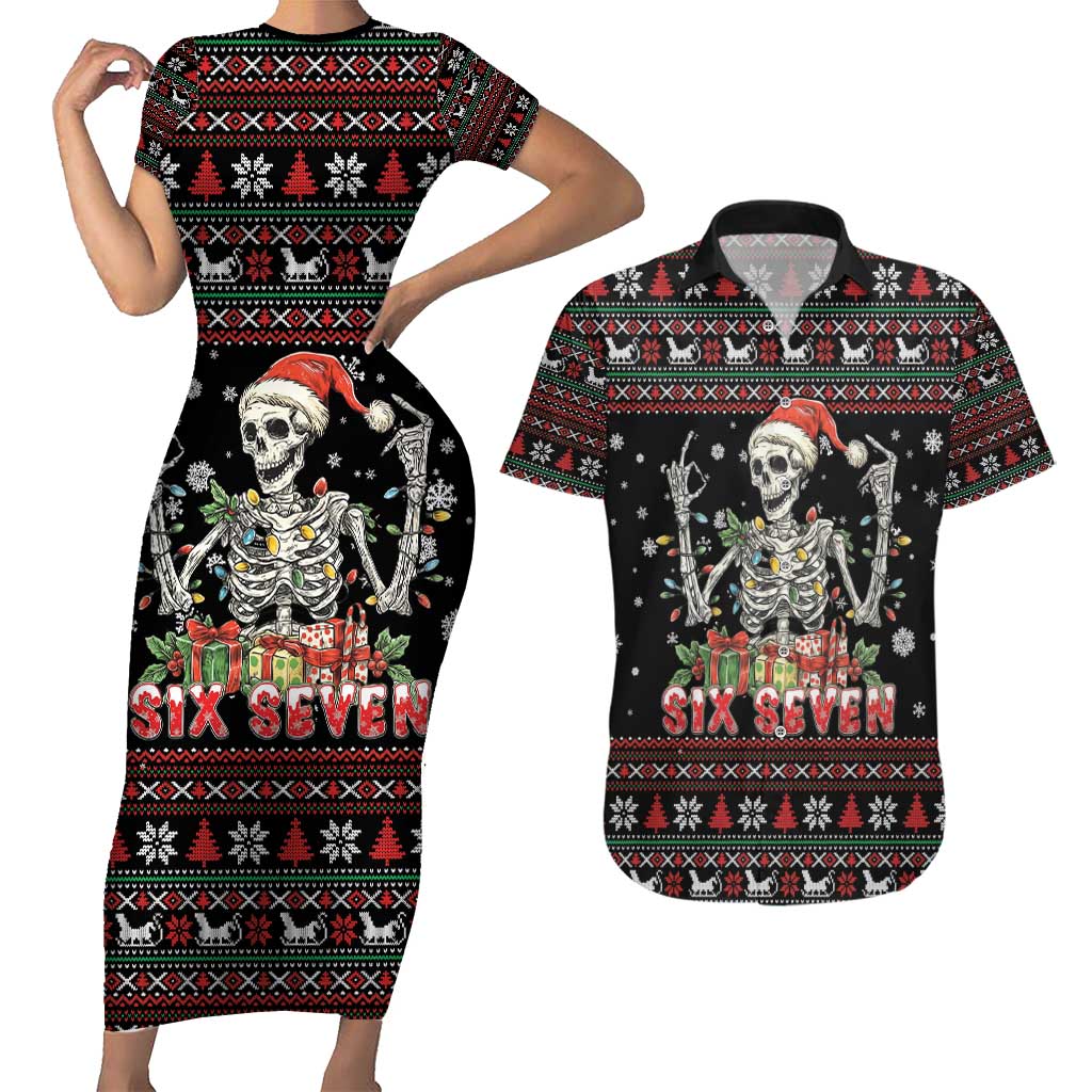 Six Seven Santa Skeleton Couples Matching Short Sleeve Bodycon Dress and Hawaiian Shirt Funny Christmas Skull - Wonder Print Shop