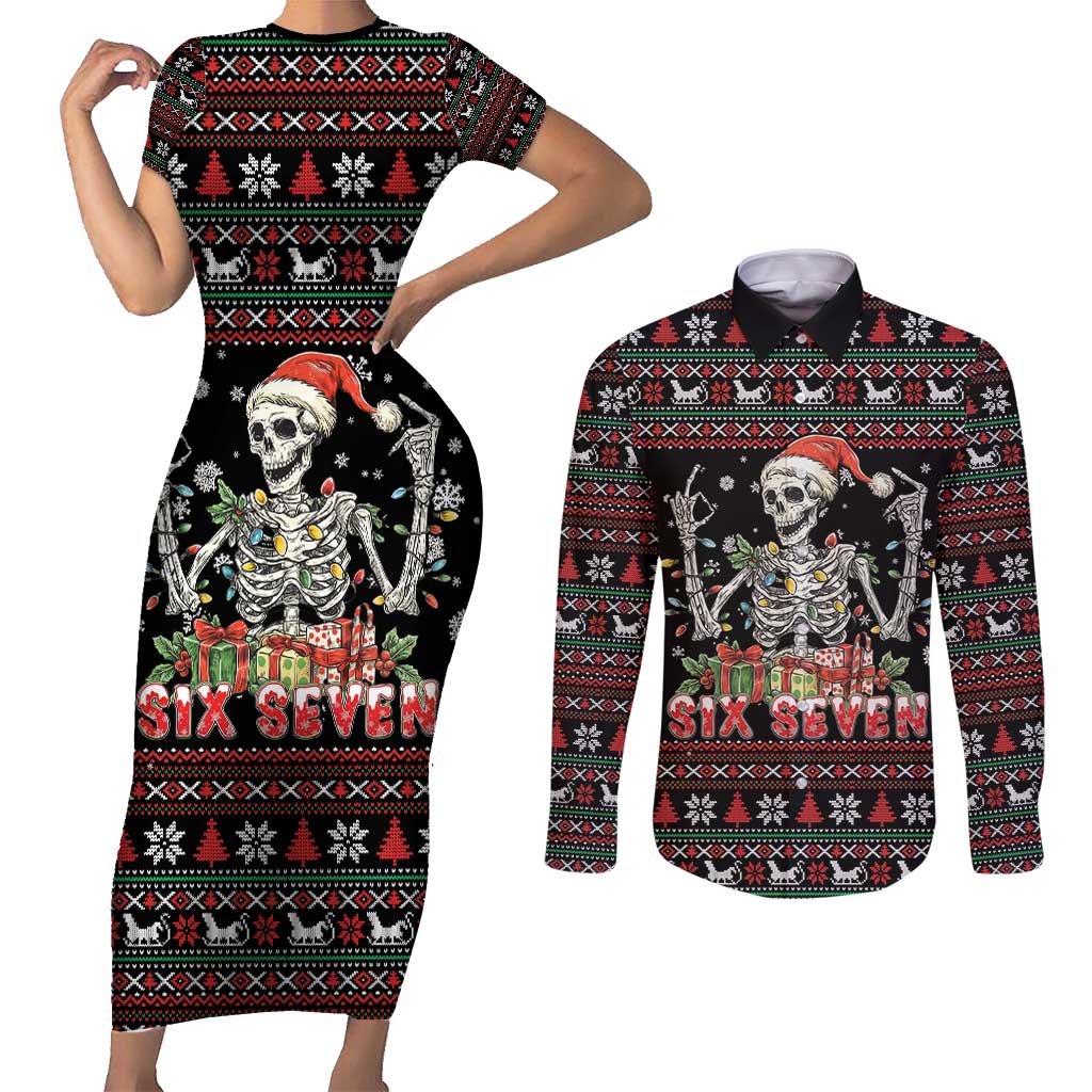 Six Seven Santa Skeleton Couples Matching Short Sleeve Bodycon Dress and Long Sleeve Button Shirt Funny Christmas Skull - Wonder Print Shop