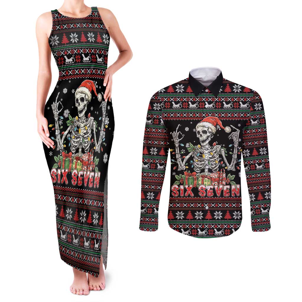 Six Seven Santa Skeleton Couples Matching Tank Maxi Dress and Long Sleeve Button Shirt Funny Christmas Skull - Wonder Print Shop