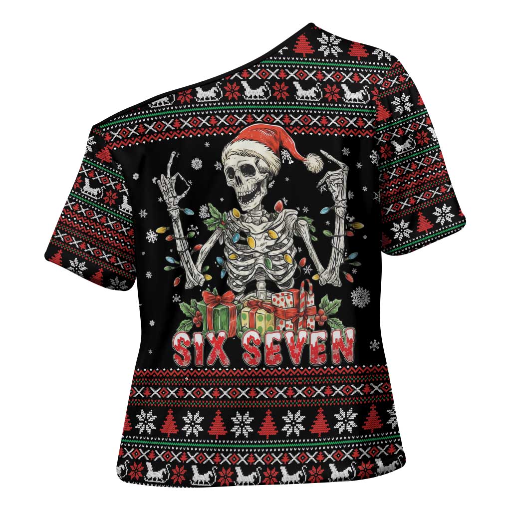 Six Seven Santa Skeleton Cross Shoulder Shirt Funny Christmas Skull - Wonder Print Shop