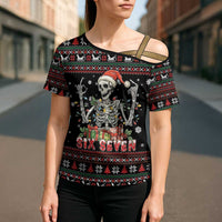 Six Seven Santa Skeleton Cross Shoulder Shirt Funny Christmas Skull - Wonder Print Shop