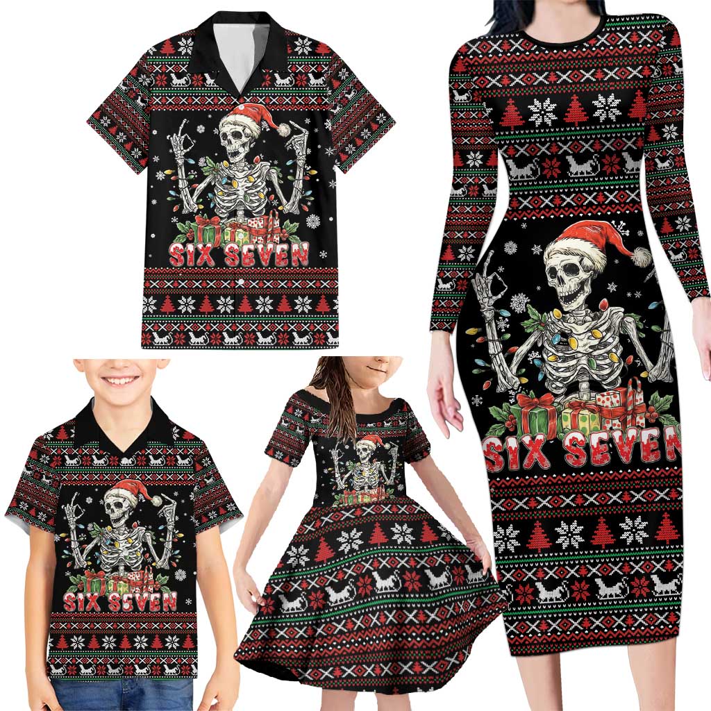 Six Seven Santa Skeleton Family Matching Long Sleeve Bodycon Dress and Hawaiian Shirt Funny Christmas Skull - Wonder Print Shop