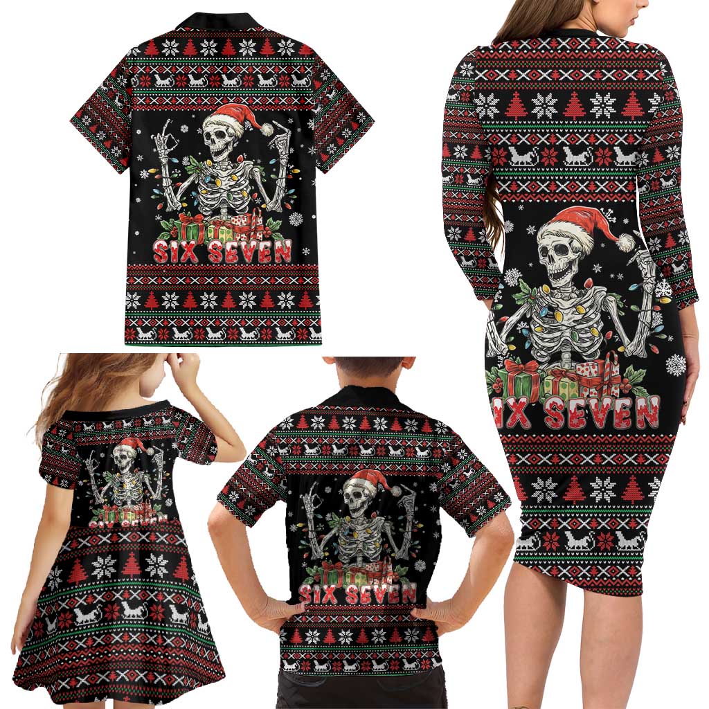 Six Seven Santa Skeleton Family Matching Long Sleeve Bodycon Dress and Hawaiian Shirt Funny Christmas Skull - Wonder Print Shop