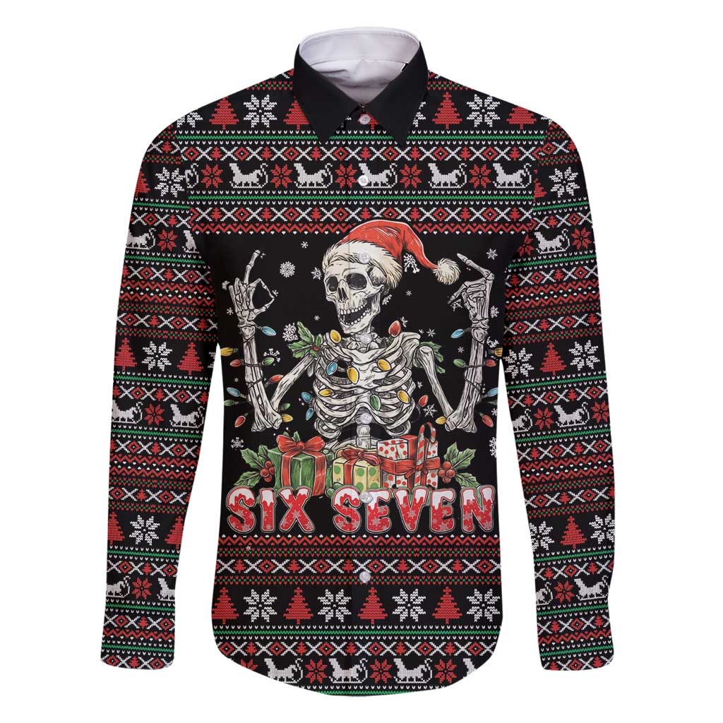 Six Seven Santa Skeleton Family Matching Long Sleeve Bodycon Dress and Hawaiian Shirt Funny Christmas Skull - Wonder Print Shop