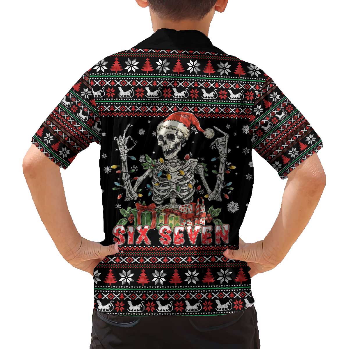 Six Seven Santa Skeleton Family Matching Off The Shoulder Long Sleeve Dress and Hawaiian Shirt Funny Christmas Skull - Wonder Print Shop