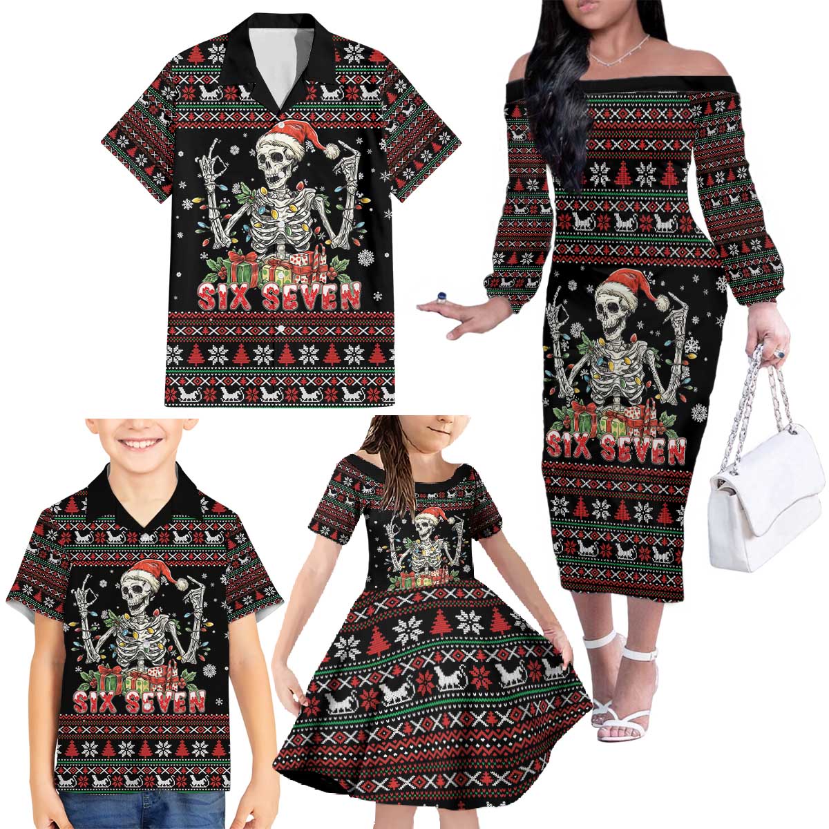 Six Seven Santa Skeleton Family Matching Off The Shoulder Long Sleeve Dress and Hawaiian Shirt Funny Christmas Skull - Wonder Print Shop