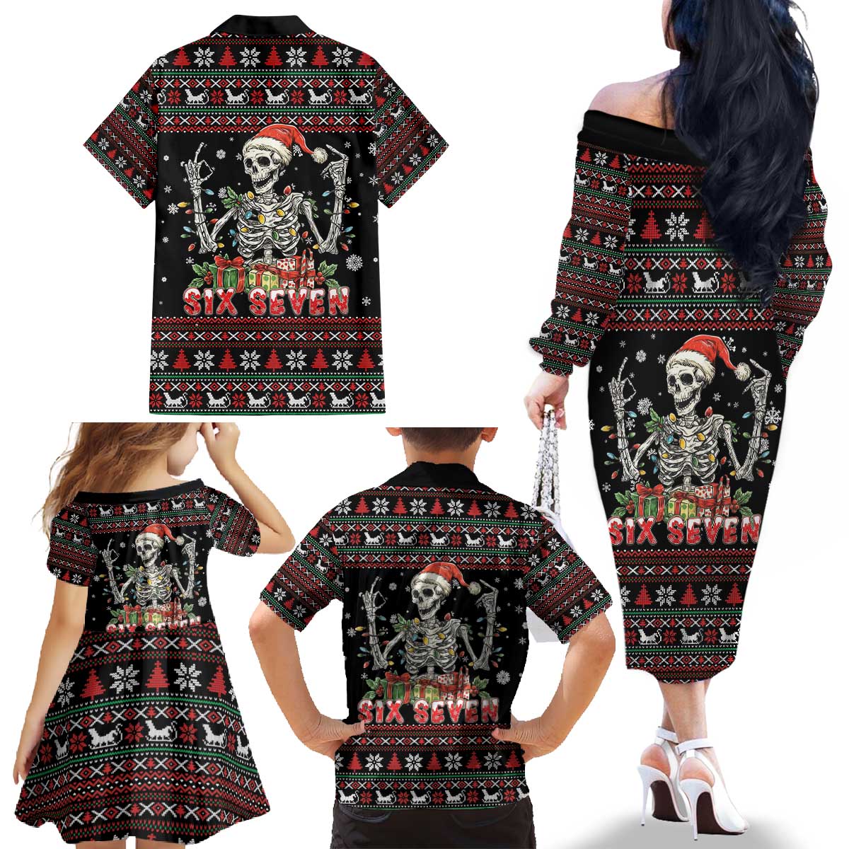 Six Seven Santa Skeleton Family Matching Off The Shoulder Long Sleeve Dress and Hawaiian Shirt Funny Christmas Skull - Wonder Print Shop