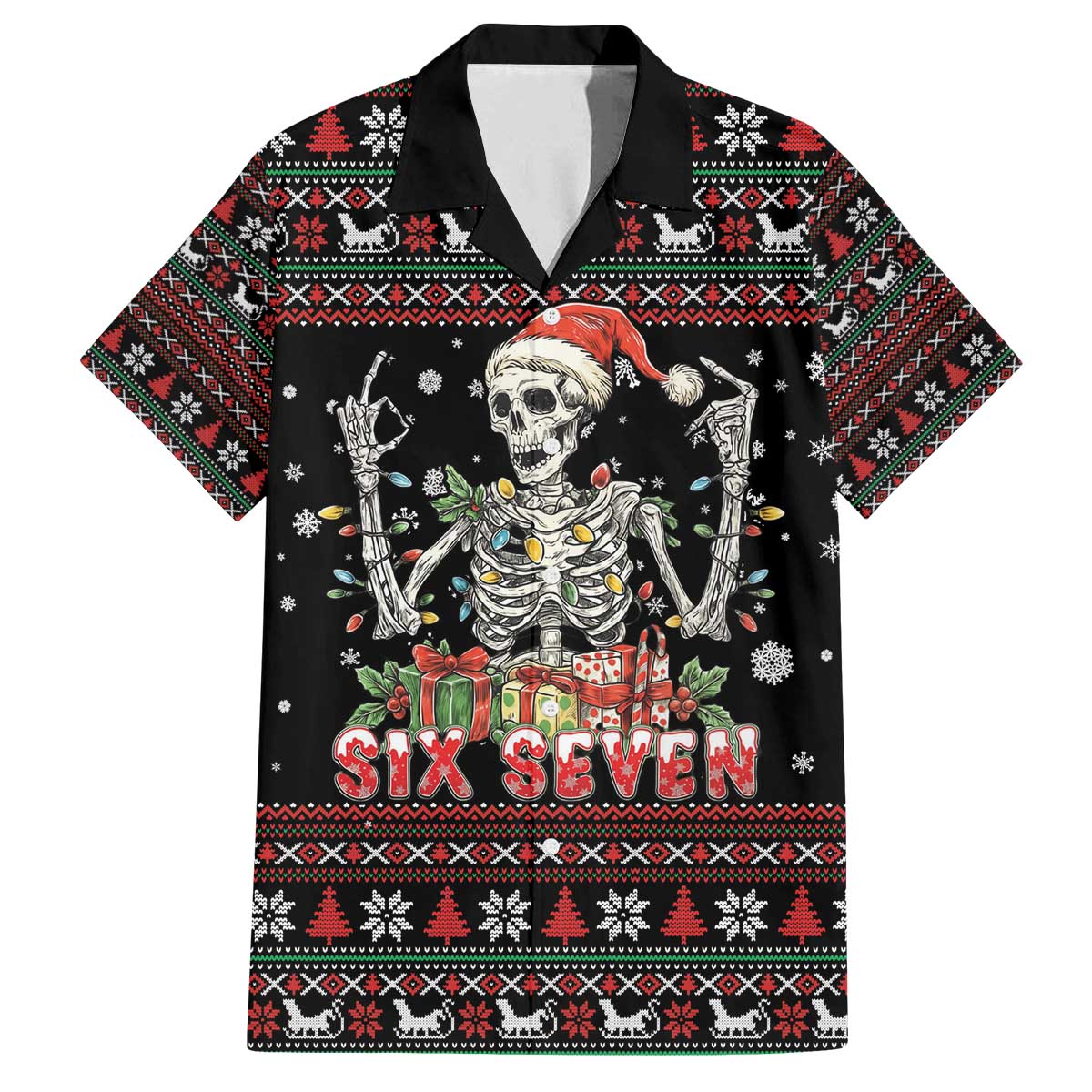 Six Seven Santa Skeleton Family Matching Off The Shoulder Long Sleeve Dress and Hawaiian Shirt Funny Christmas Skull - Wonder Print Shop