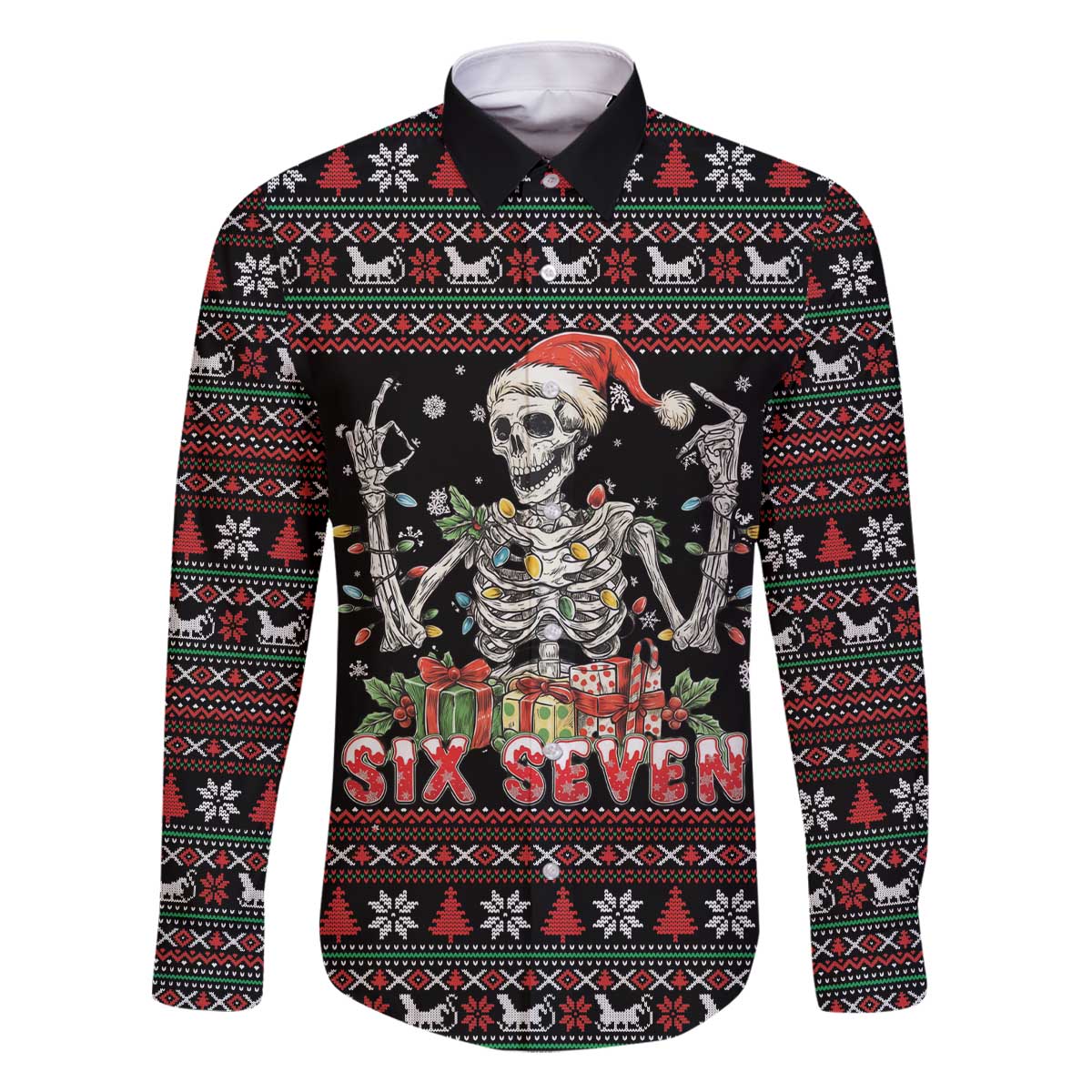 Six Seven Santa Skeleton Family Matching Off The Shoulder Long Sleeve Dress and Hawaiian Shirt Funny Christmas Skull - Wonder Print Shop