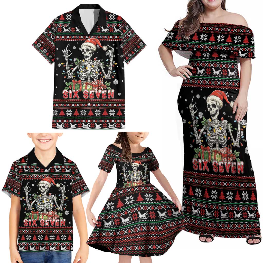 Six Seven Santa Skeleton Family Matching Off Shoulder Maxi Dress and Hawaiian Shirt Funny Christmas Skull - Wonder Print Shop