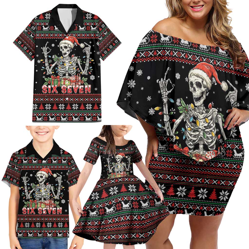 Six Seven Santa Skeleton Family Matching Off Shoulder Short Dress and Hawaiian Shirt Funny Christmas Skull - Wonder Print Shop