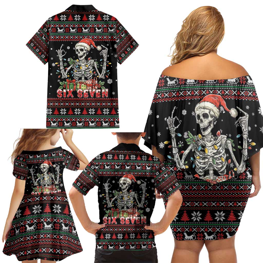 Six Seven Santa Skeleton Family Matching Off Shoulder Short Dress and Hawaiian Shirt Funny Christmas Skull - Wonder Print Shop