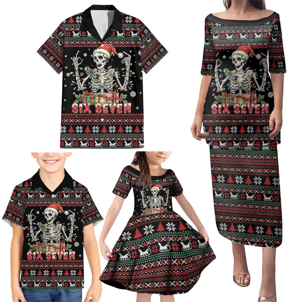 Six Seven Santa Skeleton Family Matching Puletasi and Hawaiian Shirt Funny Christmas Skull - Wonder Print Shop