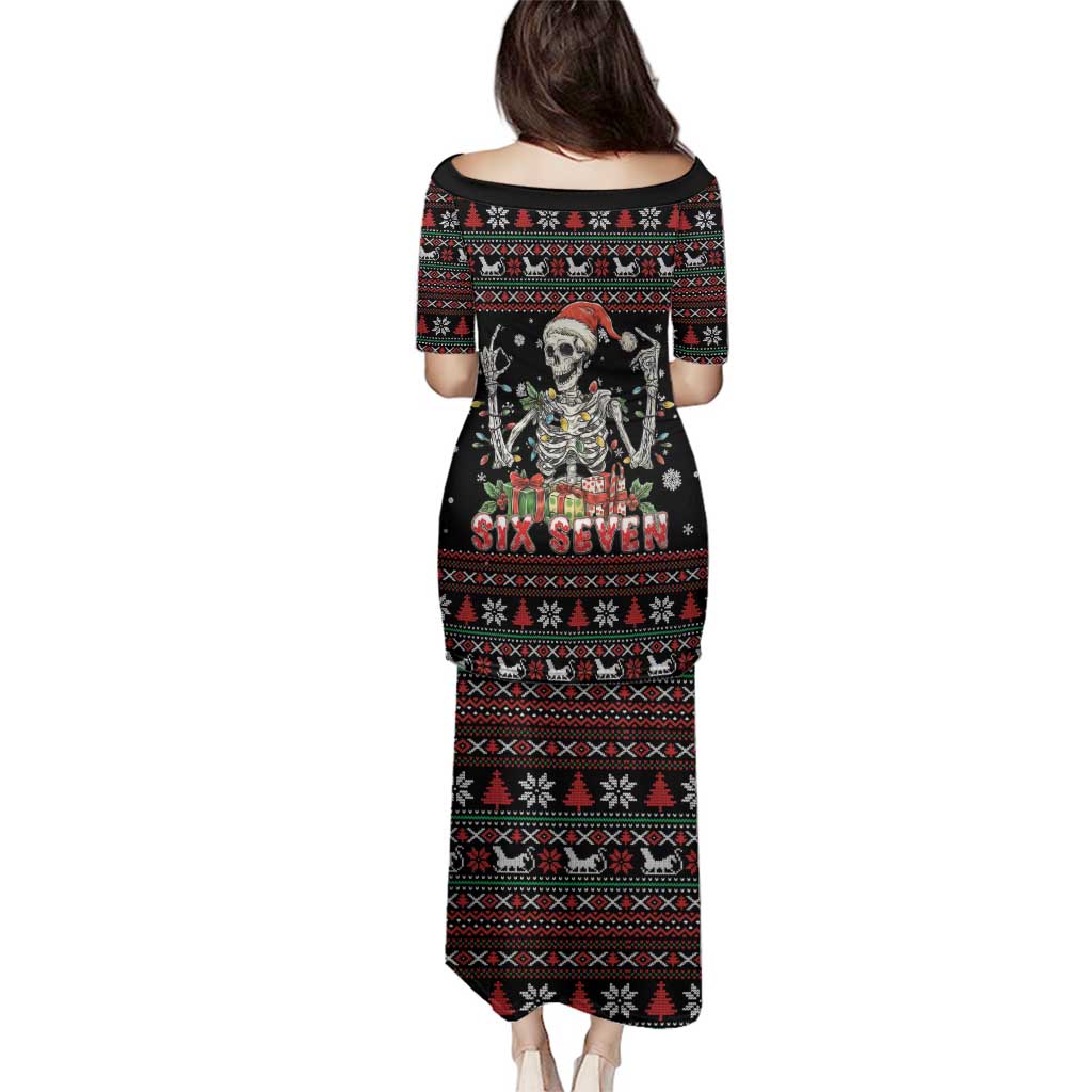 Six Seven Santa Skeleton Family Matching Puletasi and Hawaiian Shirt Funny Christmas Skull - Wonder Print Shop