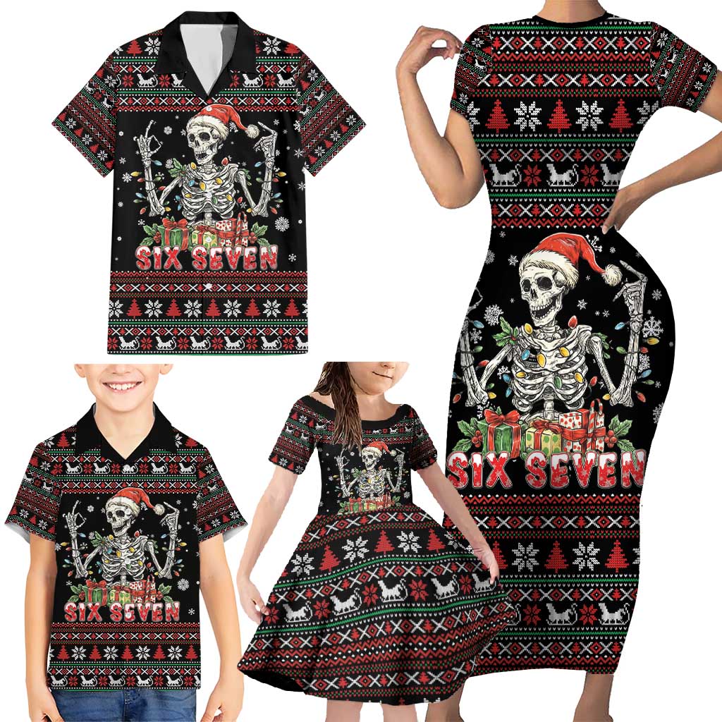 Six Seven Santa Skeleton Family Matching Short Sleeve Bodycon Dress and Hawaiian Shirt Funny Christmas Skull - Wonder Print Shop